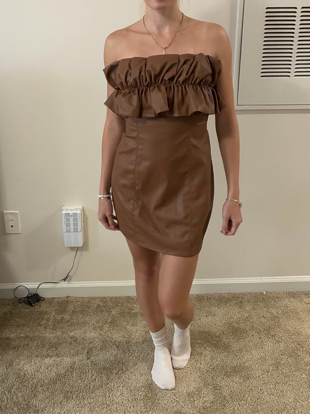 Vestique Brown Strapless Ruffle Faux Leather Mini Dress